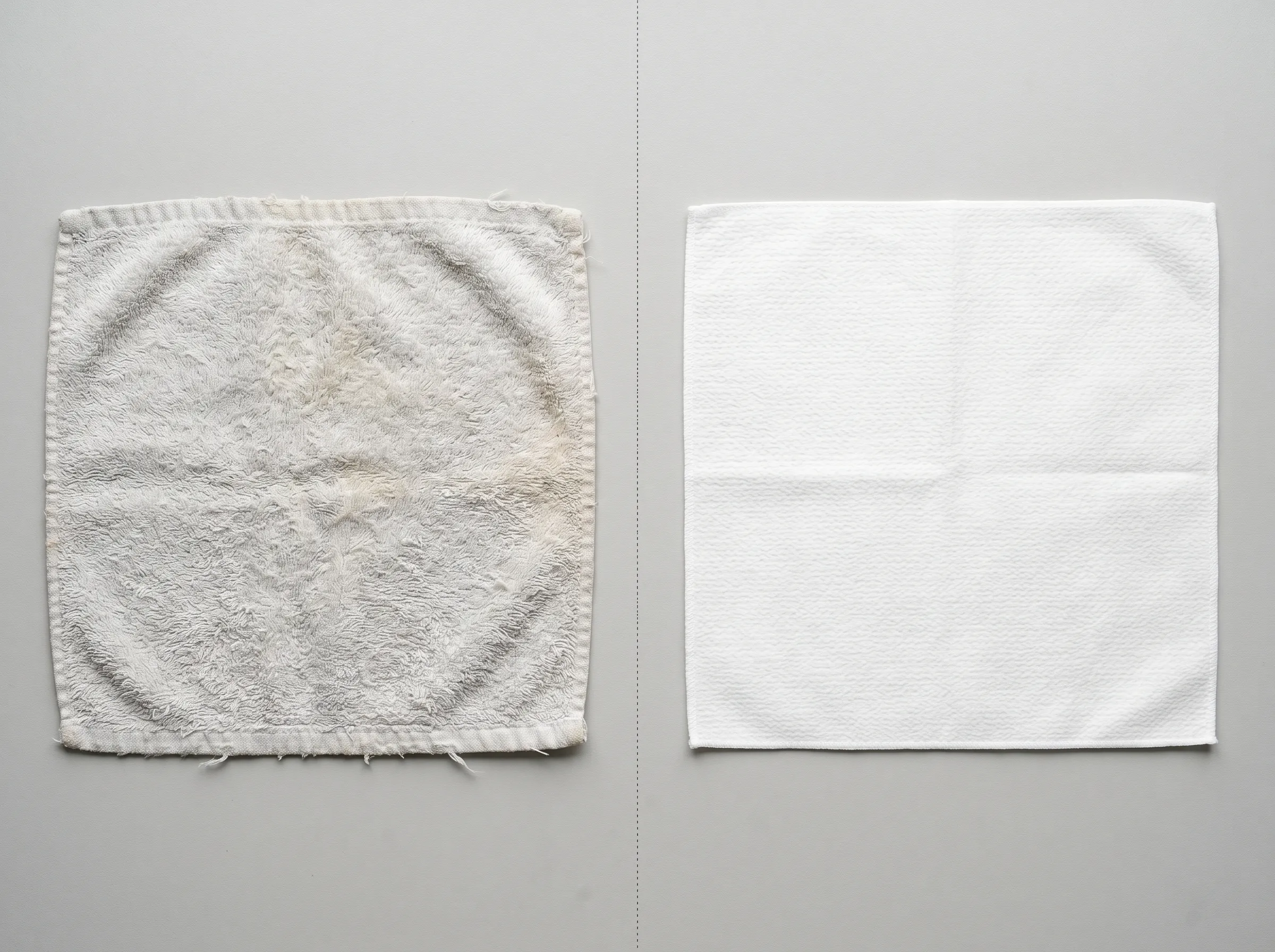 Worn bathroom towel beside a clean facial towel